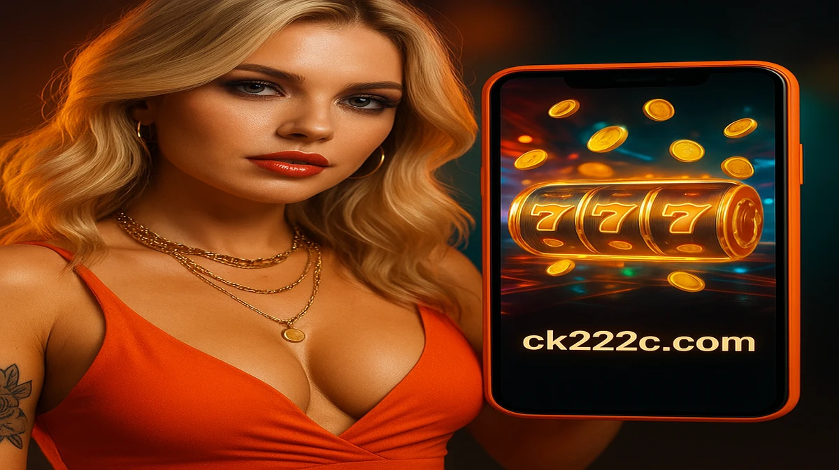একটি সুন্দর সোনা-চুলের নারী, কমলা টপ পরা, ck222 থেকে একটি স্মার্টফোন হাতে ধরে সোনালি কয়েন-থিমযুক্ত একটি গেম দেখাচ্ছে; তার চারপাশে ডিজিটাল কয়েনগুলো ভেসে উঠেছে।