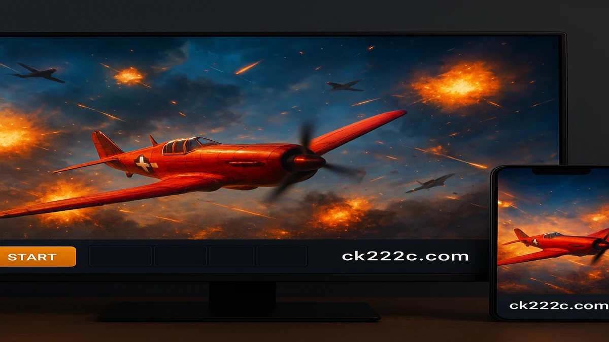 ck222-এ এভিয়েটর গেমের প্রচারণামূলক ছবি, যেখানে লাল প্রপেলার বিমান বিস্ফোরিত ভূদৃশ্যের ওপর দিয়ে উড়ছে, ডানদিকে মোবাইল গেমের ইন্টারফেস দৃশ্যমান।