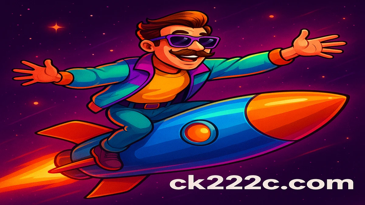 দাড়ি ও চশমা পরা একটি স্টাইলাইজড চরিত্রটি নক্ষত্রসমৃদ্ধ একটি গ্যাল্যাক্সির মধ্য দিয়ে একটি রকেট চালিয়ে ck222 প্ল্যাটফর্মে জনপ্রিয় JetX-গেমটির প্রচার করছে।