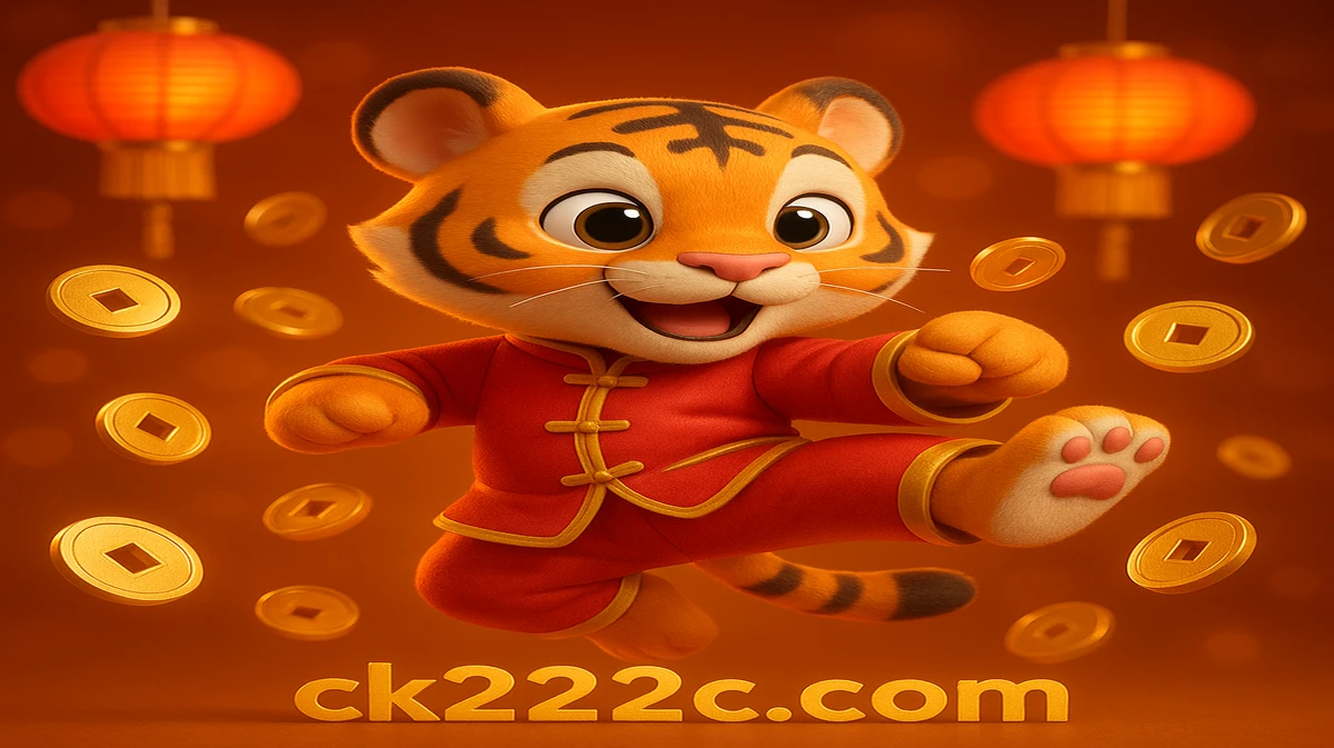 ck222-এ ফরচুন টাইগার গেমটির মিষ্টি কার্টুন মুখটি সোনালি মুদ্রার বর্ষণ ও শুভ লাল লণ্ঠনের মাঝে মার্শাল আর্ট ভঙ্গি ধারণ করে।